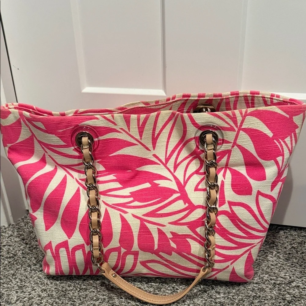 Kate Spade Vibrant Pink Cream Leaf Tote canvas storybook collectible bag purse